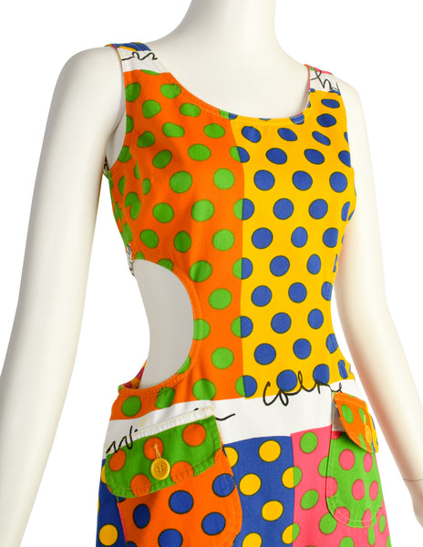Moschino Vintage 1990s Multicolor Polka Dot Denim Cut Out Mini Dress