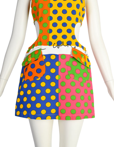 Moschino Vintage 1990s Multicolor Polka Dot Denim Cut Out Mini Dress