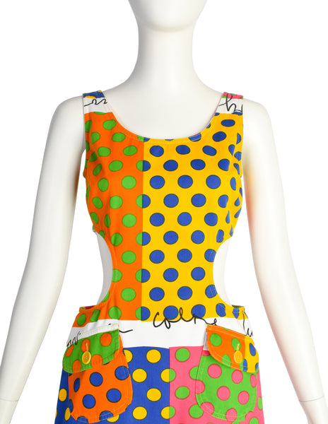Moschino Vintage 1990s Multicolor Polka Dot Denim Cut Out Mini Dress