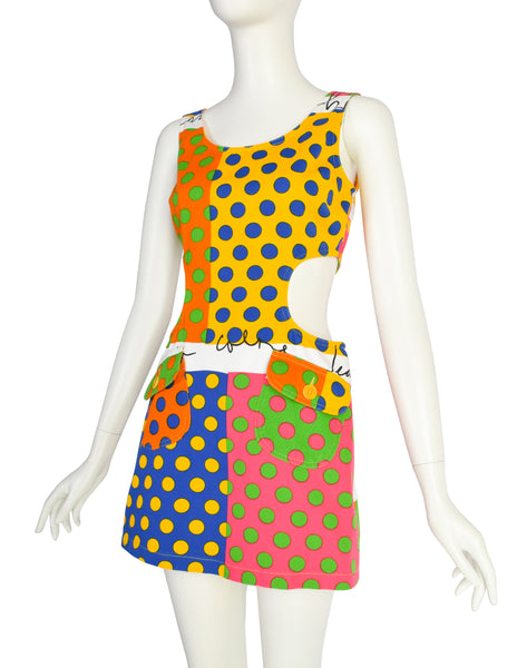 Moschino Vintage 1990s Multicolor Polka Dot Denim Cut Out Mini Dress