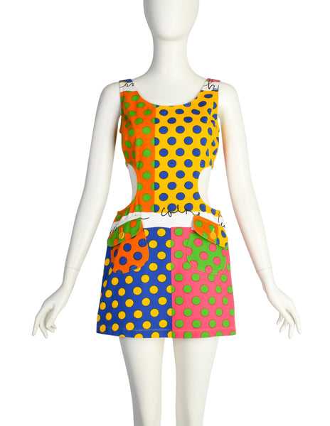 Moschino Vintage 1990s Multicolor Polka Dot Denim Cut Out Mini Dress