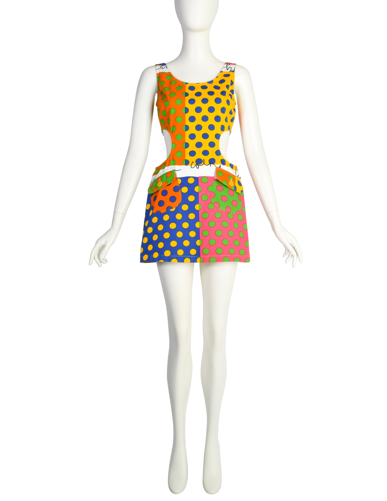 Moschino Vintage 1990s Multicolor Polka Dot Denim Cut Out Mini Dress