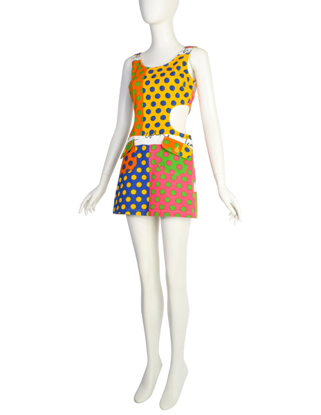 Moschino Vintage 1990s Multicolor Polka Dot Denim Cut Out Mini Dress