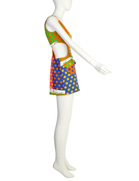 Moschino Vintage 1990s Multicolor Polka Dot Denim Cut Out Mini Dress