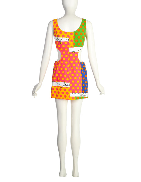 Moschino Vintage 1990s Multicolor Polka Dot Denim Cut Out Mini Dress