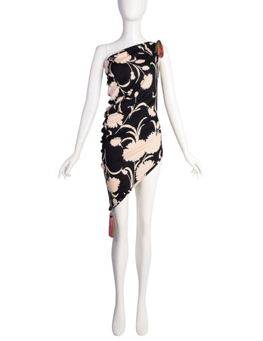 Moschino Vintage Black Pale Pink Floral Asymmetric One Shoulder Mini Dress