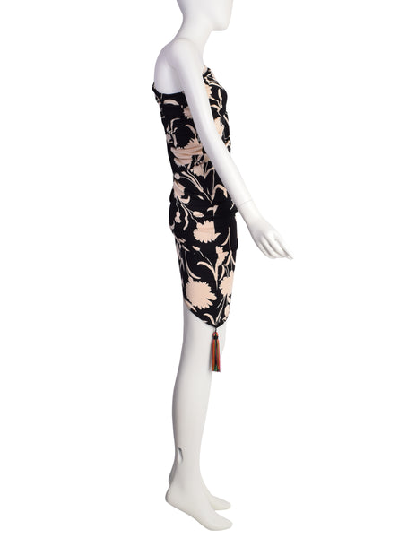 Moschino Vintage Black Pale Pink Floral Asymmetric One Shoulder Mini Dress