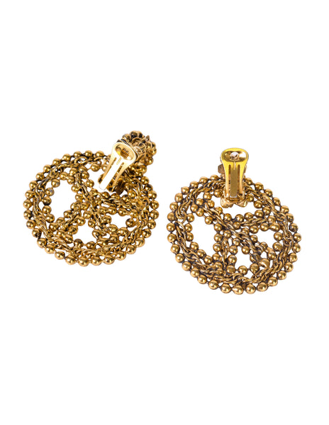 Moschino Vintage Golden Brass Oversized Peace Sign Dangle Earrings