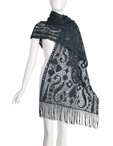 Moschino Vintage 1980s Deep Green Peace & Love Open Knit Large Scarf
