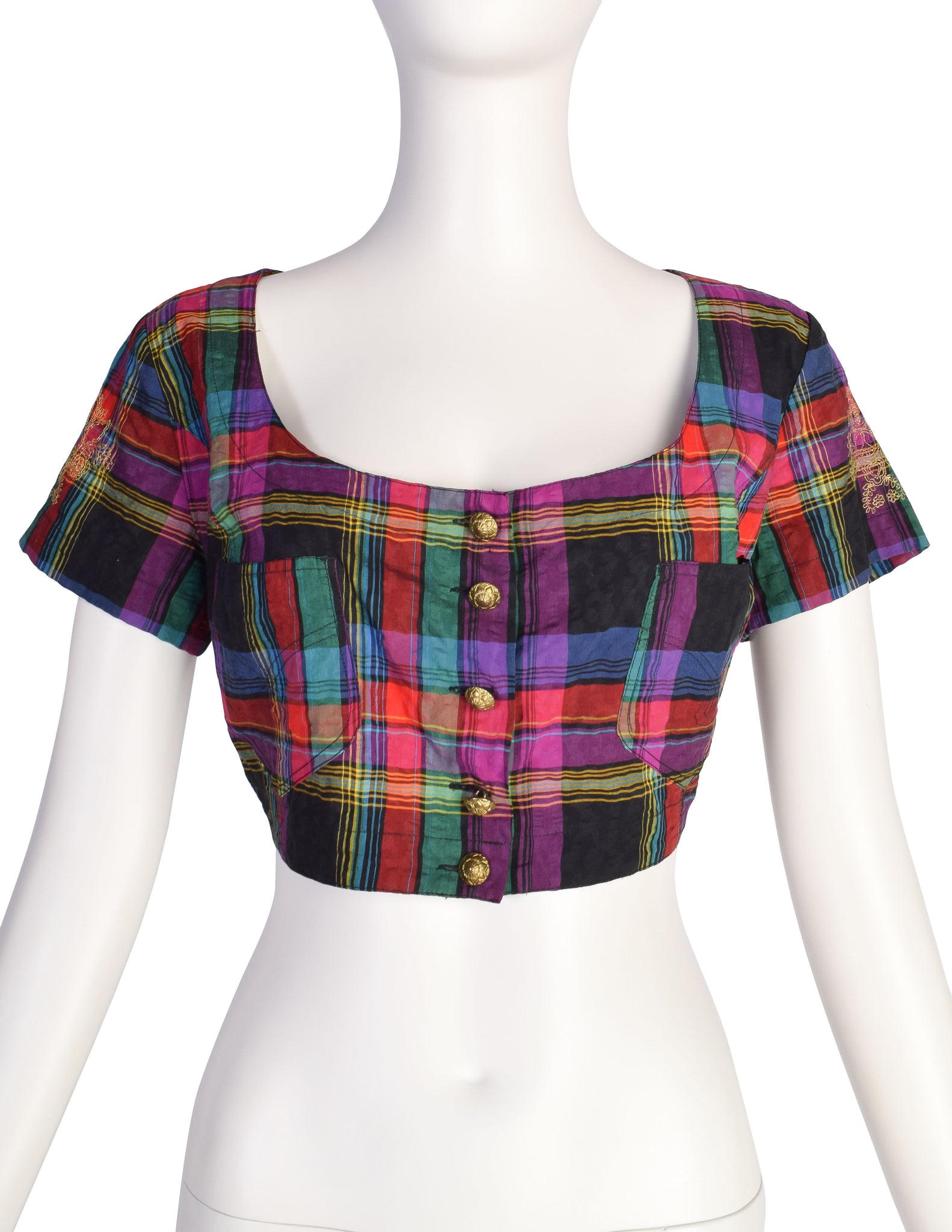 Moschino Vintage Multicolor Plaid Seersucker Cotton Crop Top