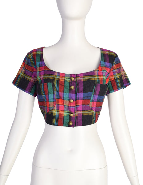 Moschino Vintage Multicolor Plaid Seersucker Cotton Crop Top