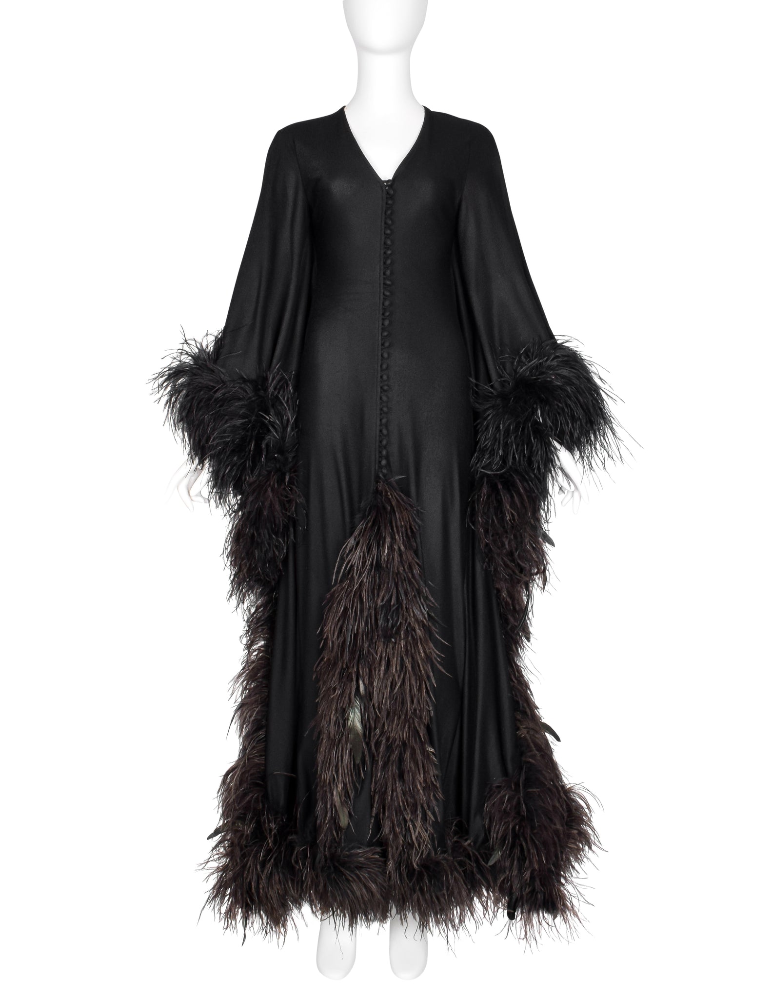 New Dimensions Vintage 1970s Dramatic Ostrich Feather Trimmed Black Gown