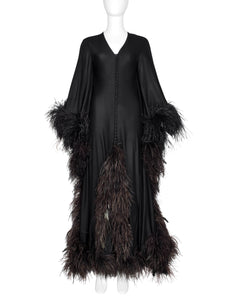 New Dimensions Vintage 1970s Dramatic Ostrich Feather Trimmed Black Gown