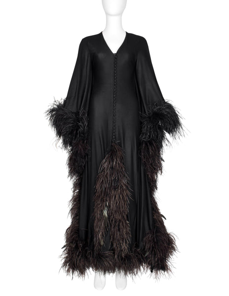 New Dimensions Vintage 1970s Dramatic Ostrich Feather Trimmed Black Gown