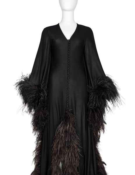 New Dimensions Vintage 1970s Dramatic Ostrich Feather Trimmed Black Gown