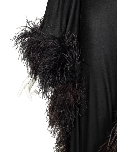 New Dimensions Vintage 1970s Dramatic Ostrich Feather Trimmed Black Gown