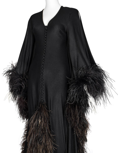 New Dimensions Vintage 1970s Dramatic Ostrich Feather Trimmed Black Gown