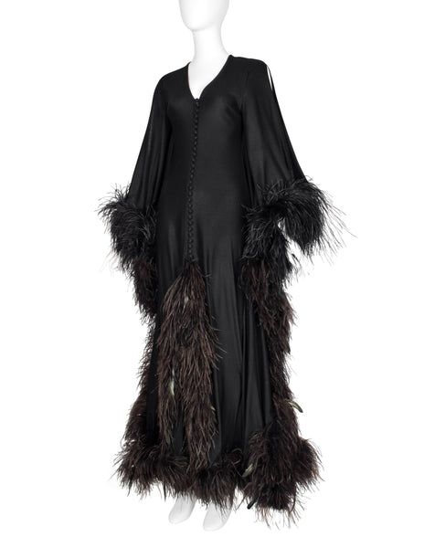 New Dimensions Vintage 1970s Dramatic Ostrich Feather Trimmed Black Gown