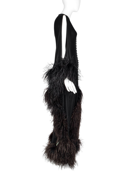 New Dimensions Vintage 1970s Dramatic Ostrich Feather Trimmed Black Gown