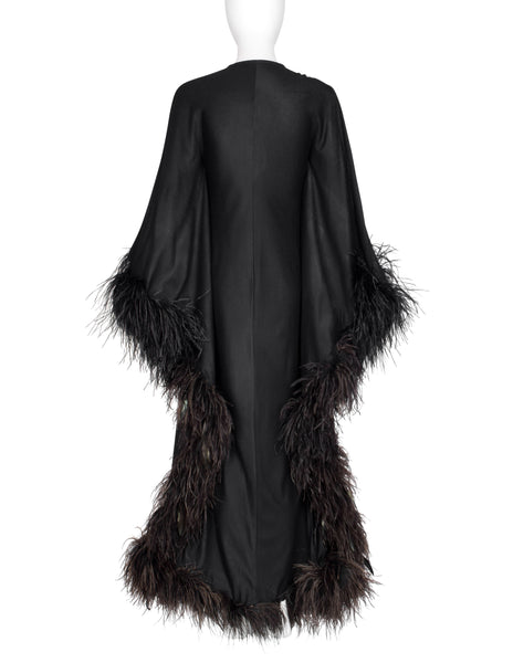 New Dimensions Vintage 1970s Dramatic Ostrich Feather Trimmed Black Gown