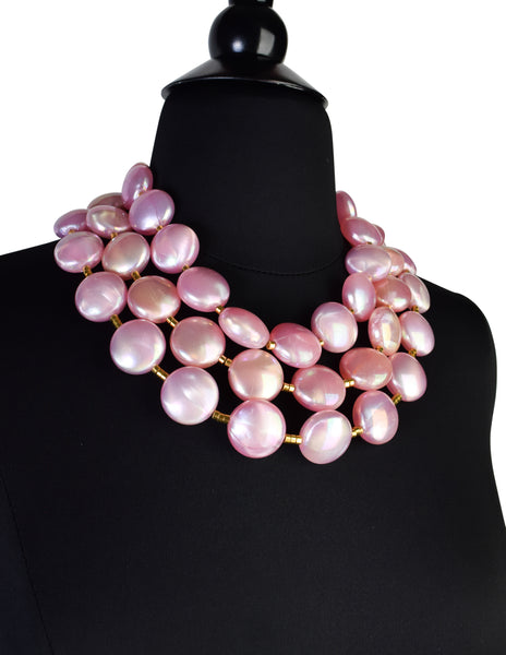 Vintage 1980s Gorgeous Pink Iridescent Mother of Pearl Three Row Statement Necklace