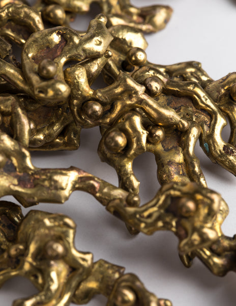 Pal Kepenyes Vintage Mid-Century Brutalist Sculptural Articulated Brass and Leather Statement Necklace