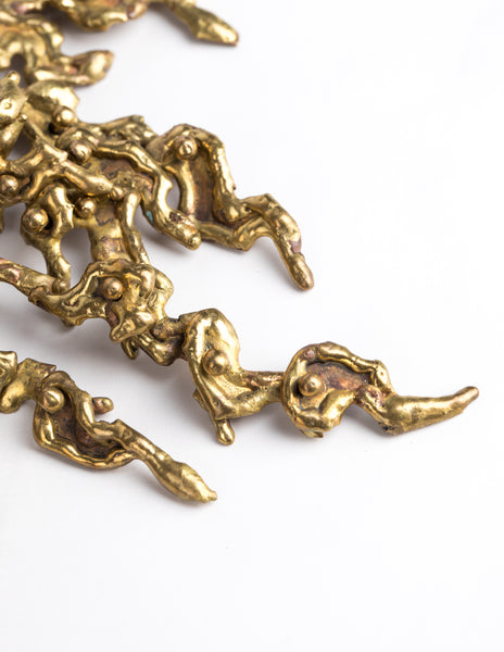 Pal Kepenyes Vintage Mid-Century Brutalist Sculptural Articulated Brass and Leather Statement Necklace