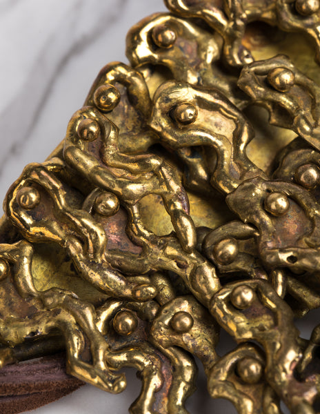 Pal Kepenyes Vintage Mid-Century Brutalist Sculptural Articulated Brass and Leather Statement Necklace