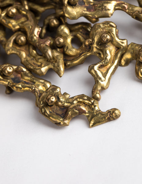 Pal Kepenyes Vintage Mid-Century Brutalist Sculptural Articulated Brass and Leather Statement Necklace