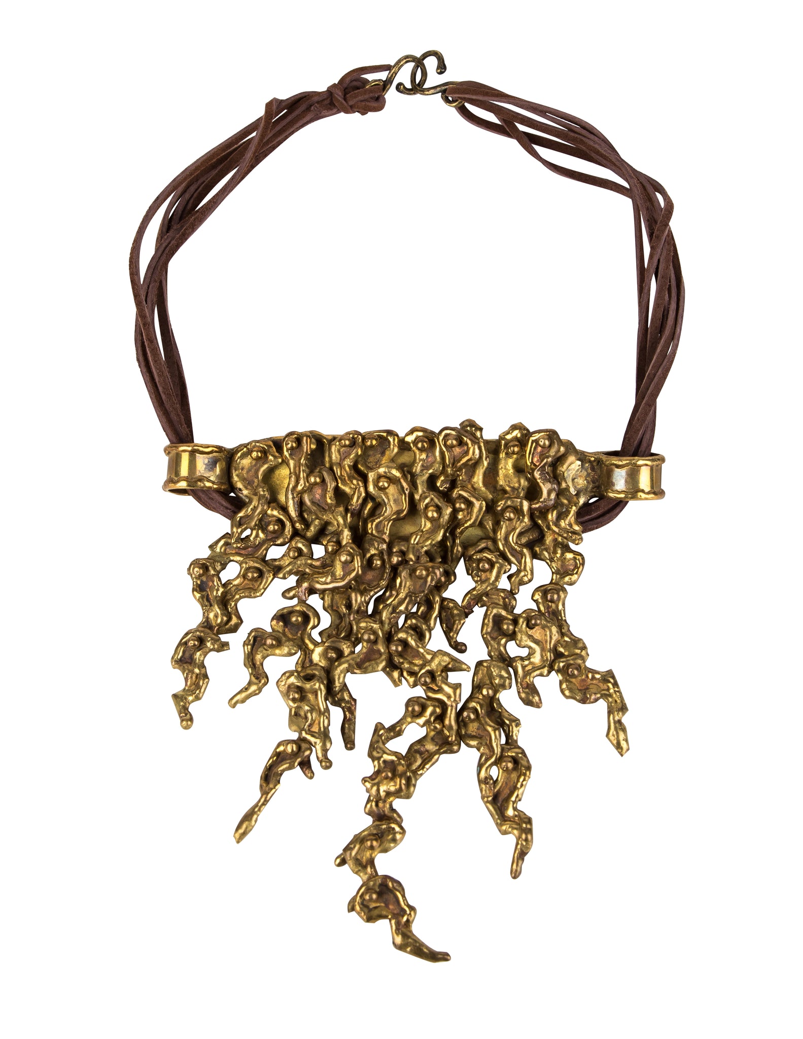 Pal Kepenyes Vintage Mid-Century Brutalist Sculptural Articulated Brass and Leather Statement Necklace