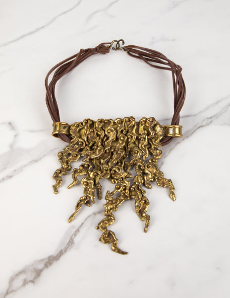 Pal Kepenyes Vintage Mid-Century Brutalist Sculptural Articulated Brass and Leather Statement Necklace