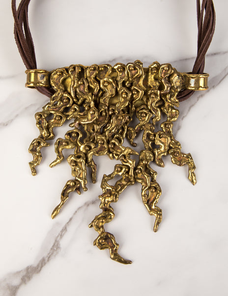 Pal Kepenyes Vintage Mid-Century Brutalist Sculptural Articulated Brass and Leather Statement Necklace