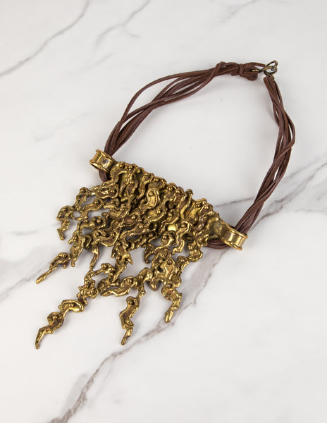 Pal Kepenyes Vintage Mid-Century Brutalist Sculptural Articulated Brass and Leather Statement Necklace