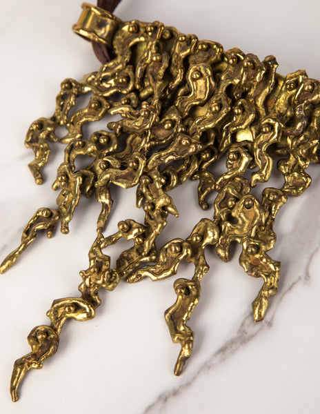 Pal Kepenyes Vintage Mid-Century Brutalist Sculptural Articulated Brass and Leather Statement Necklace