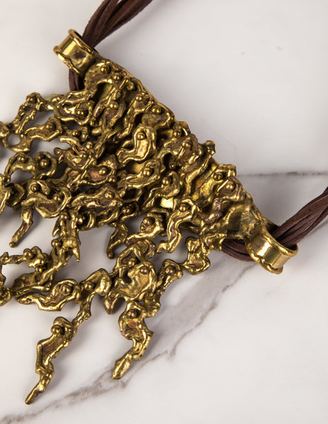 Pal Kepenyes Vintage Mid-Century Brutalist Sculptural Articulated Brass and Leather Statement Necklace
