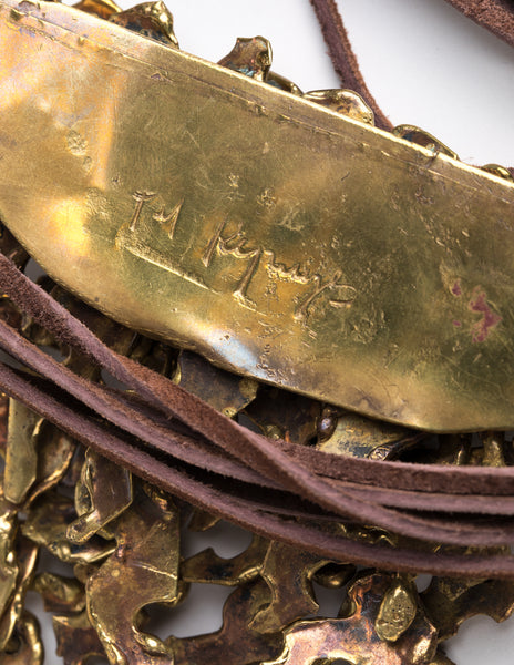 Pal Kepenyes Vintage Mid-Century Brutalist Sculptural Articulated Brass and Leather Statement Necklace