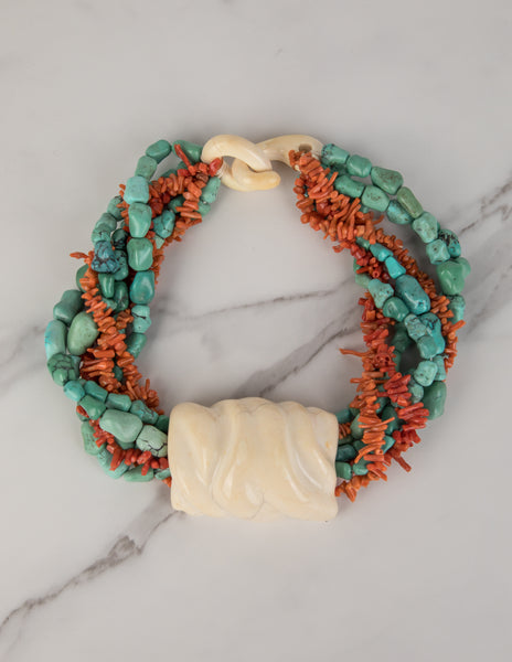 Patricia Von Musulin Vintage Carved Ivory Turquoise Coral Mulistrand Statement Necklace