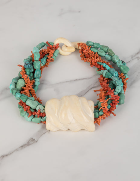 Patricia Von Musulin Vintage Carved Ivory Turquoise Coral Mulistrand Statement Necklace