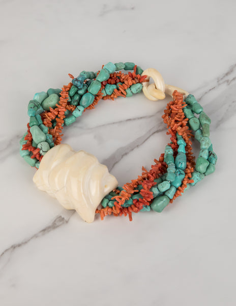 Patricia Von Musulin Vintage Carved Ivory Turquoise Coral Mulistrand Statement Necklace