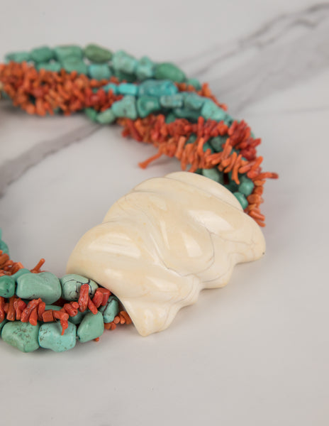 Patricia Von Musulin Vintage Carved Ivory Turquoise Coral Mulistrand Statement Necklace