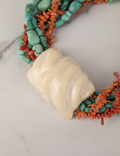 Patricia Von Musulin Vintage Carved Ivory Turquoise Coral Mulistrand Statement Necklace