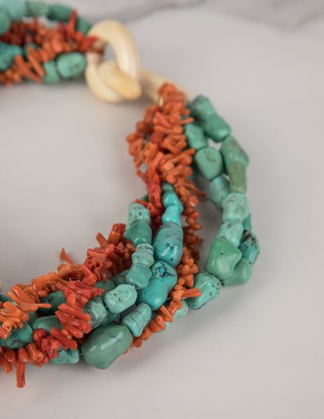 Patricia Von Musulin Vintage Carved Ivory Turquoise Coral Mulistrand Statement Necklace