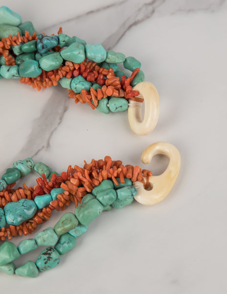 Patricia Von Musulin Vintage Carved Ivory Turquoise Coral Mulistrand Statement Necklace