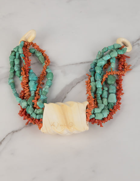 Patricia Von Musulin Vintage Carved Ivory Turquoise Coral Mulistrand Statement Necklace