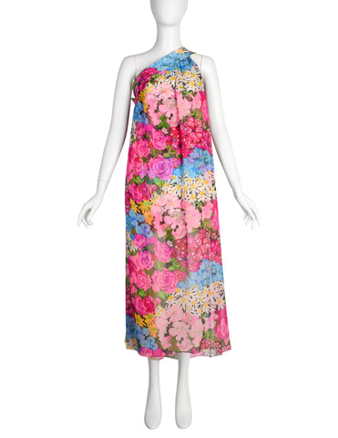Pauline Trigere Vintage Late 1960s Pink Floral Silk One Shoulder Dress