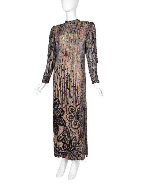 Pauline Trigere Vintage Paisley and Damask Silk Velvet Burnout Dress