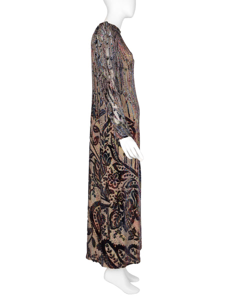 Pauline Trigere Vintage Paisley and Damask Silk Velvet Burnout Dress