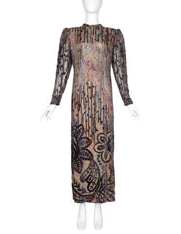 Pauline Trigere Vintage Paisley and Damask Silk Velvet Burnout Dress