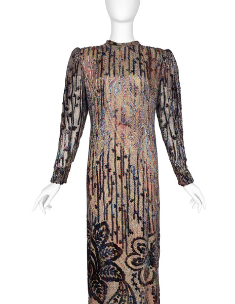 Pauline Trigere Vintage Paisley and Damask Silk Velvet Burnout Dress