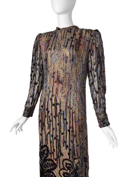 Pauline Trigere Vintage Paisley and Damask Silk Velvet Burnout Dress